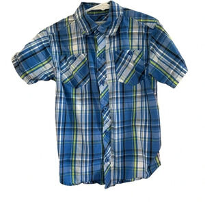 Boys Kids Toughskins Blue Green Plaid Button Down Short Sleeve Shirt 5/6